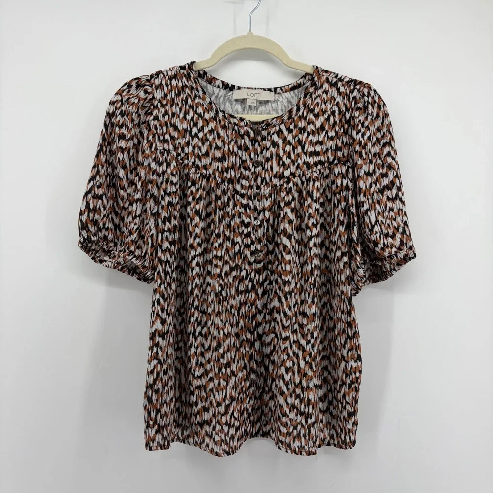LOFT Womens Small Rust Black White Blouse Abstract Ikat Puff Sleeve Mixed Media